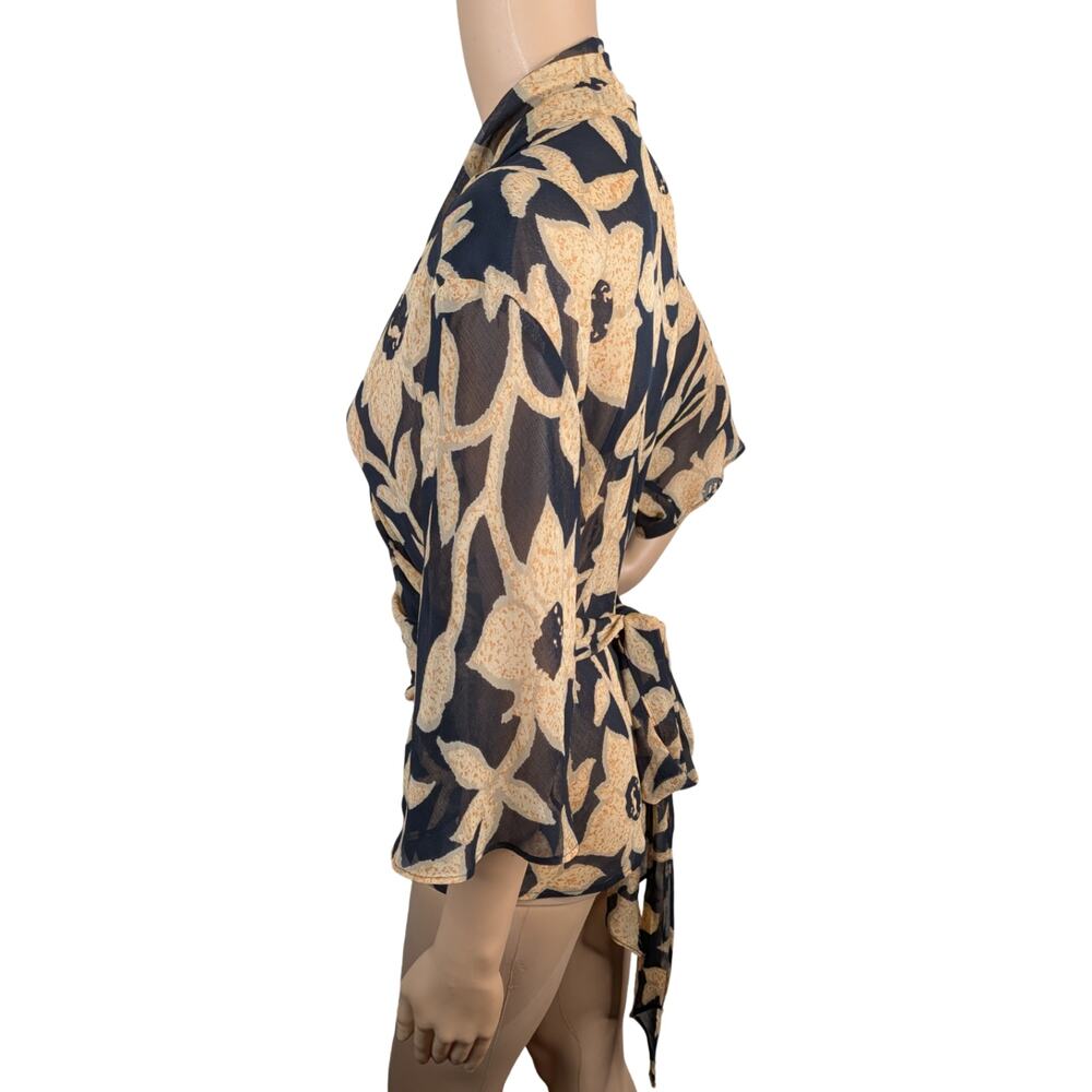 Vintage 90s Jaeger Made in UK Sheer Floral Chiffon Wrap Top Flutter Sleeve 36 - Picture 5 of 8